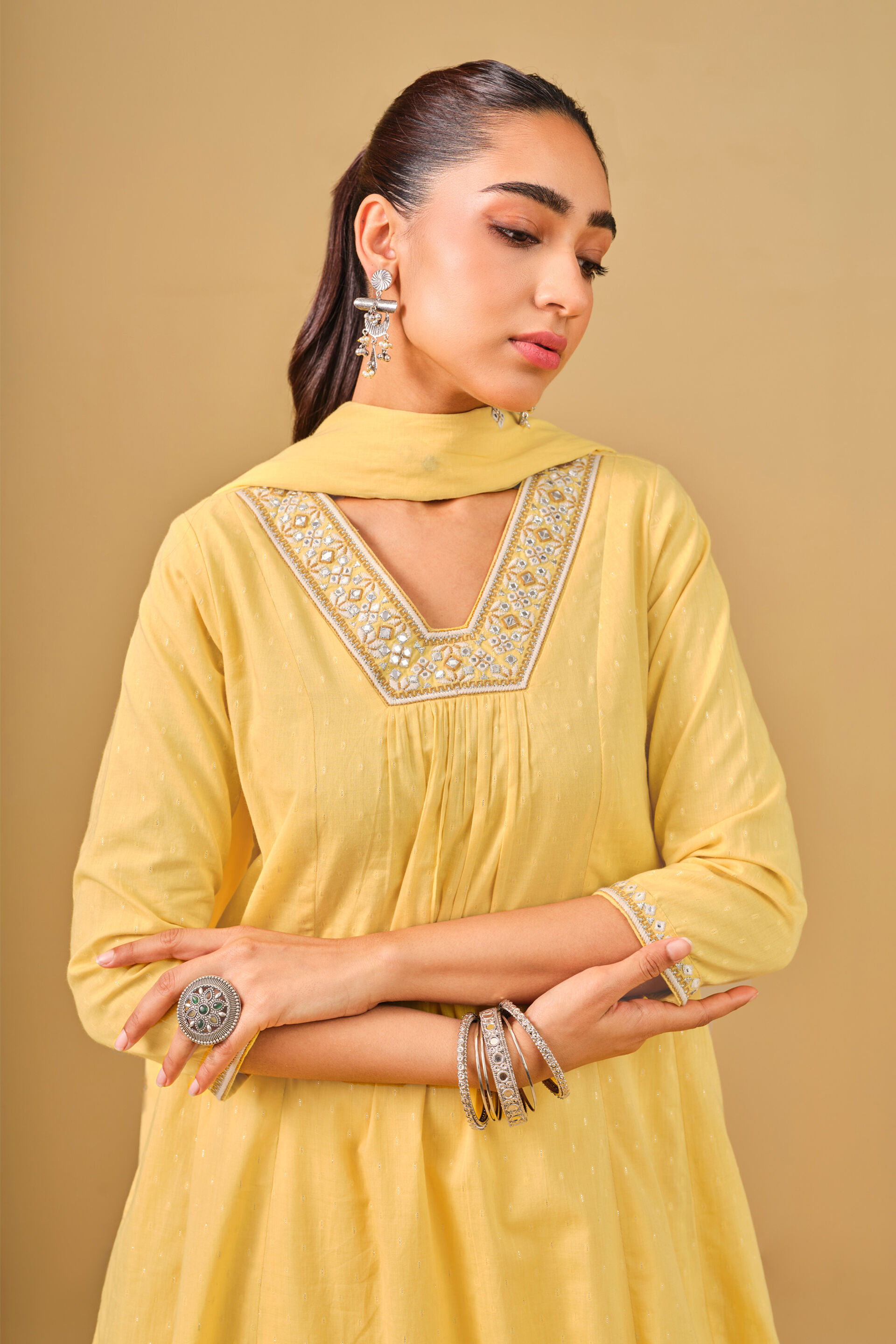 Yellow Mirror Embroidered Cotton Kurta Set, Yellow, image 7